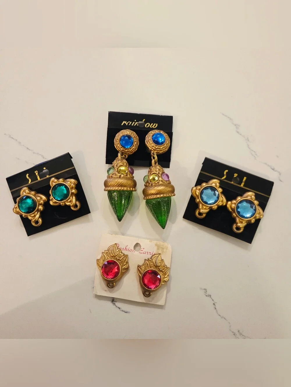 BOLD VTG Mixed Colors Shapes Gold Earrings Clip On 80s 90s Runway Couture Lot 4